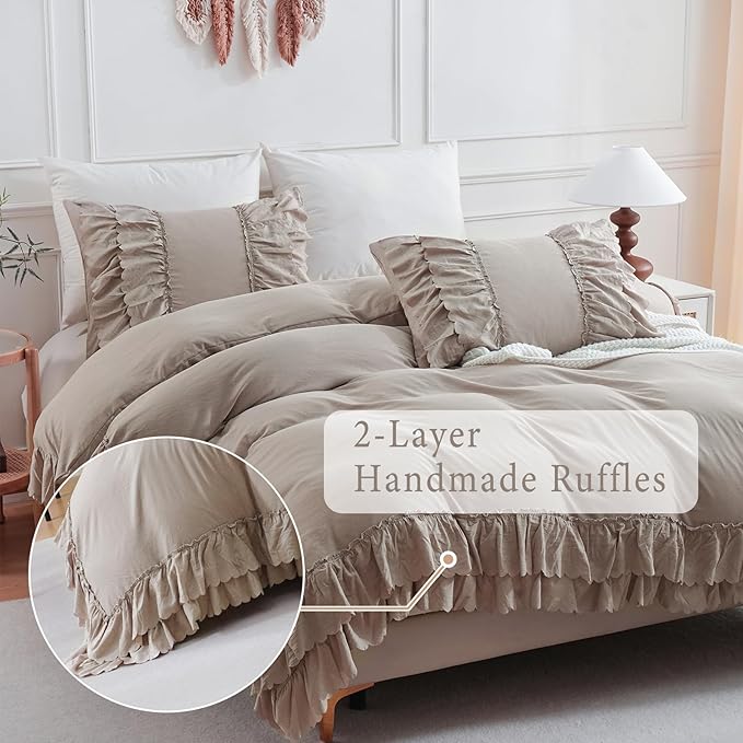 Herside Taupe Boho Comforter King Size,Shabby Chic Ruffle Bedding Set,2 Layers Ruffles Fluffy Vintage Comforter Home Decor,Farmhouse 3 Pcs Microfiber Lightweight Quilt Set