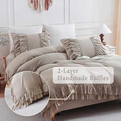 Herside Taupe Boho Comforter King Size,Shabby Chic Ruffle Bedding Set,2 Layers Ruffles Fluffy Vintage Comforter Home Decor,Farmhouse 3 Pcs Microfiber Lightweight Quilt Set