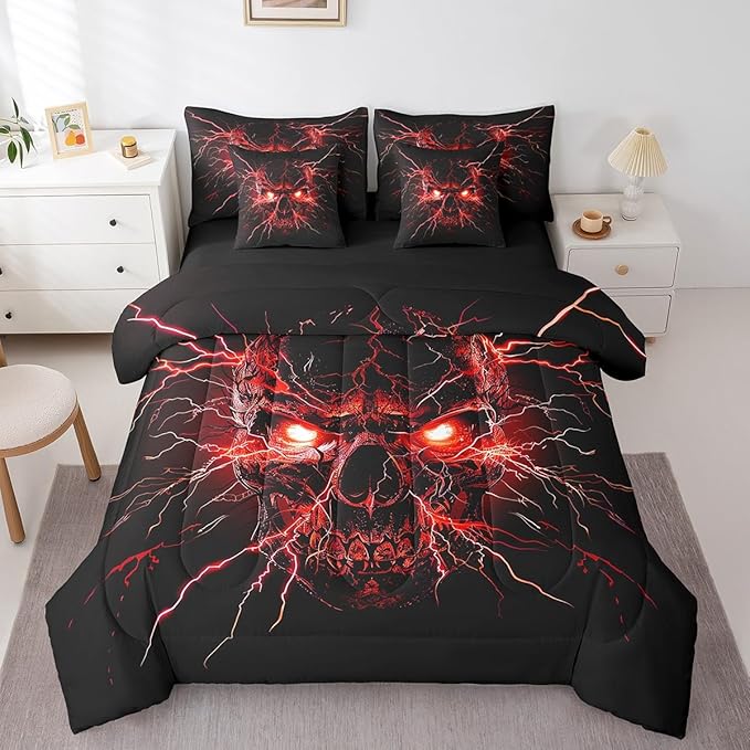 Erosebridal Gothic 7 Piece Comforter Set Full Bed in a Bag,Sugar Skull Bedding Set,Spooky Bone Goth Red Lightning Comforter and Sheet Set,Exotic Halloween Skeleton Decorations