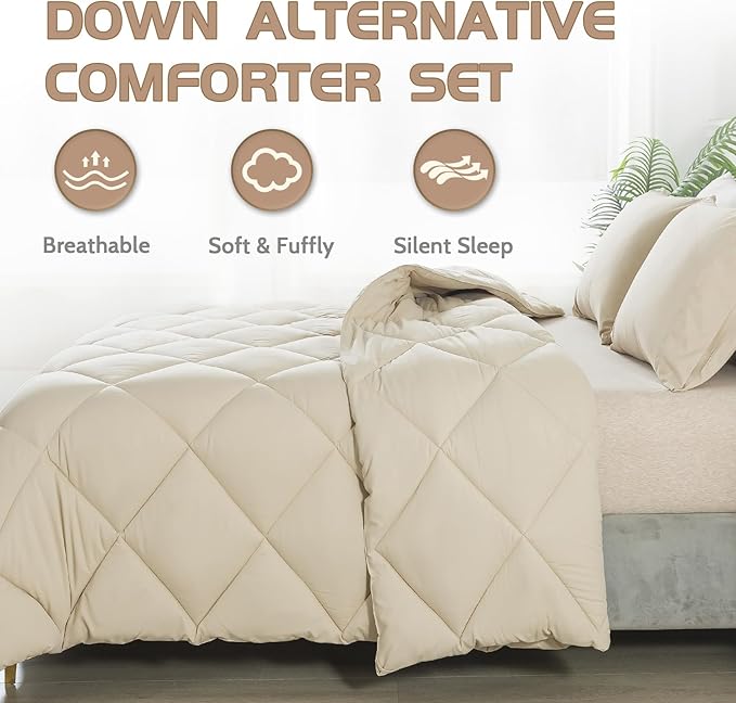 Decroom Lightweight Queen Comforter Set with 2 Pillow Sham - 3 Pieces Set - Quilted Down Alternative Comforter/Duvet Insert for All Season - Beige - Queen Size