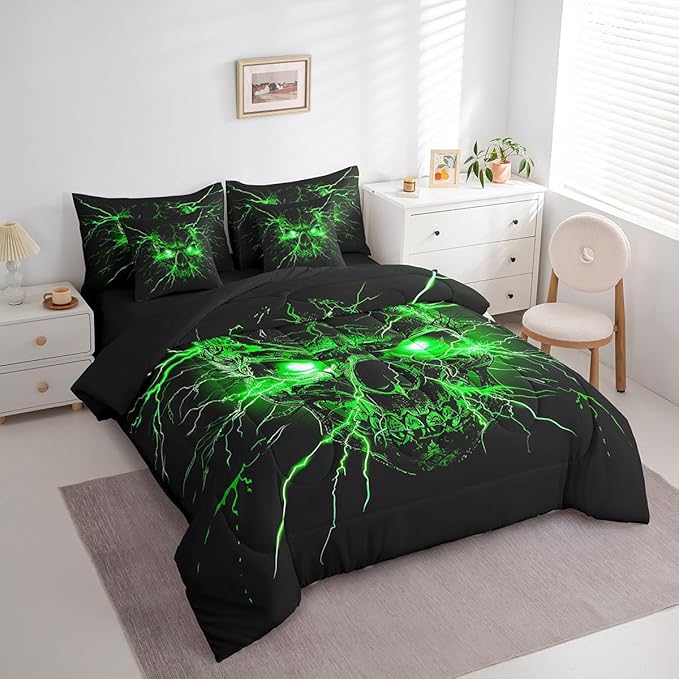 Erosebridal Gothic Bed in a Bag Queen Comforter Set 7 Piece,Sugar Skull Spooky Bone Goth Bedding Set,Green Lightning Comforter and Sheet Set,Exotic Halloween Skeleton Decorations