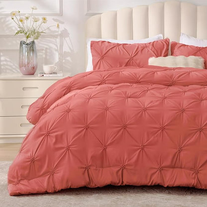BEDELITE Coral Twin Comforter Set - 2 Peices Boho Pintuck Bedding Comforter Sets, Lightweight Soft & Warm Twin Bedding Sets with 1 Pillowcase for All Season