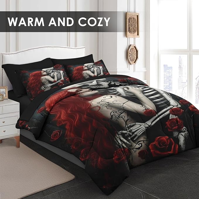 Comforter Set King Size, Death Skeleton Black 7 Pcs Bedding for Kids and Adults, Lover Rose Bed Sheet Sets with Fitted Sheet 2 Pillowcases & 2 Shams for Bedroom Bed Decor