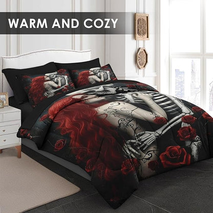 Comforter Set King Size, Death Skeleton Black 7 Pcs Bedding for Kids and Adults, Lover Rose Bed Sheet Sets with Fitted Sheet 2 Pillowcases & 2 Shams for Bedroom Bed Decor