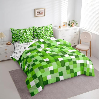 Castle Fairy Pixel Style Games 7 Piece Bedding Set Twin Size,Miner Theme Comforter & Sheet Sets Light Green Block Bed in a Bag Building Gaming Flat & Fitted Sheets,4 Pillow Covers
