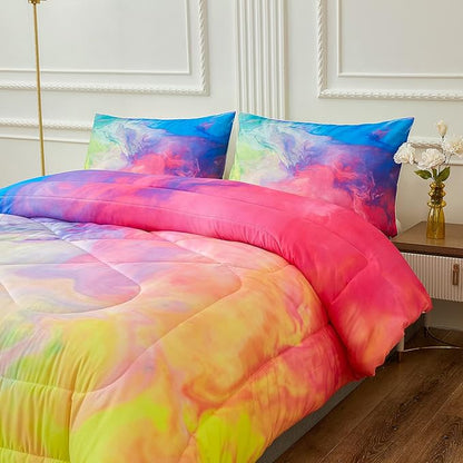Rainbow Marble Comforter Sets,Texture in Rainbow Colors. Acrylic Painting with Bright Pink, Blue, Green and Yellow Colors.Decorative Bedding Comforter Sets with 2 Pillow Shams, Twin Size