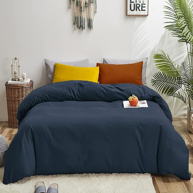 Luxlovery Navy Blue Comforter Set King Dark Blue Bedding Comforter Set Soft Breathable Quilts Breathable Cozy Comforter with 1 Yellow+1 Caramel Pillowcase for King Bed