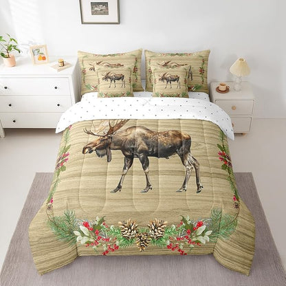 Moose Comforter Set 7 Piece Bed in a Bag Twin,Woodland Animals Bedding Sets Reindeer Elk Deer Sheet Set with Comforter