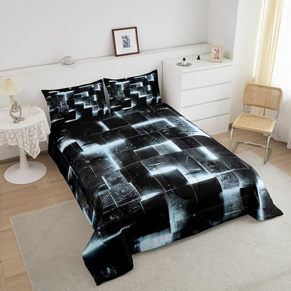 3D Geometric Bedding Set King Abstract Aesthetic King Comforter Black and Greyish White Duvet Insert Glowing Futuristic Cube Quilt Comforter Neon Grid Bedding Comforters & Sets 3pcs (Black Reversible)