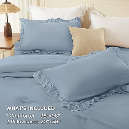 Andency Oversized Queen Ruffle Comforter Set, 3 Pieces Shabby Chic Farmhouse Bedding Set, Lightweight Soft Comforter Set 98x98 for Girls Women (1 Comforter 2 Pillowcases), Grayish Blue