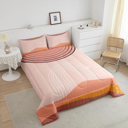 Erosebridal Pink Aesthetic Comforter Set King Girly Minimalist Bedding Set for Girls Women, Modern Bedding Comforter Sets Mid Century Duvet Sets, Boho Abstract Art Quilted Comforter Microfiber