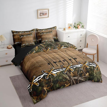 Erosebridal Camo Cabin Twin Comforter Set with Sheets | Fishing Pole 7 Piece Bedding Set Mens Country Camouflage Bed in a Bag, Woodland Animals Room Decor,Hunting Rustic Farmhouse Decor Camo Bed Set