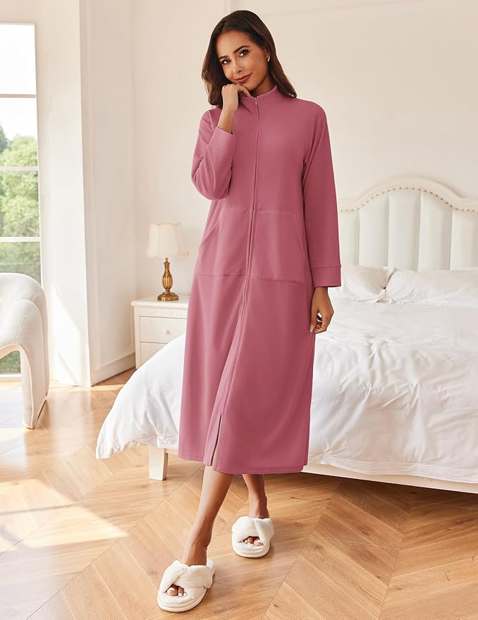 Ekouaer Women Zipper Robe Long Sleeves House Coat Soft Bathrobe Sleepwear with Pockets Housecoat Loungewear