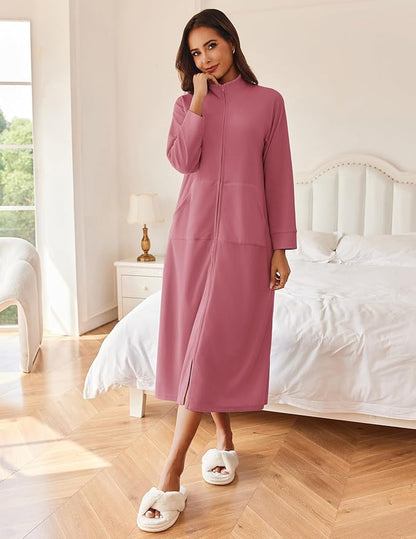 Ekouaer Women Zipper Robe Long Sleeves House Coat Soft Bathrobe Sleepwear with Pockets Housecoat Loungewear