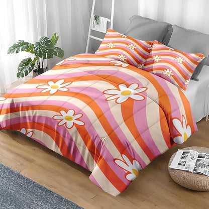 Comforter Set Twin Size, Daisy Retro Orange Soft 2 Pcs Bedding for Kids and Adults, Pink Hippie Aesthetic Comforter Set with Pillowcase, for Bedroom Bed Decor