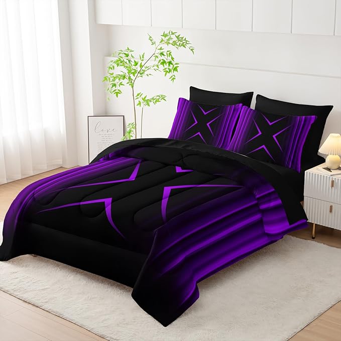 Purple and Black Geometric Comforter Set King Size 7Pieces,3D Abstract Mordern Printed Bedding Set for Adults,Geometric Mordern Decor All Seasons with Pillowcases,Flat, Fitted Sheet