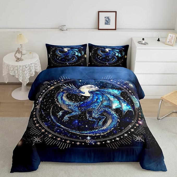 Feelyou Dragon Comforter Set Queen Size Luxury Bedding Set with Dragon Decor Duvet Set Blue Black Quilt Set