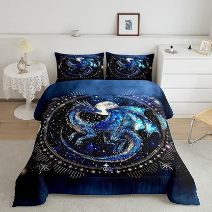 Feelyou Dragon Comforter Set Queen Size Luxury Bedding Set with Dragon Decor Duvet Set Blue Black Quilt Set
