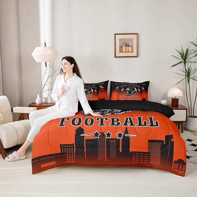 Erosebridal Football City Bed in A Bag Sports Rugby 7 Piece Bedding Set Black Orange Ombre Football Comforter Set with Sheets Twin Size for Kids Boys Teen Adults,Ball Sports Games Bed Set