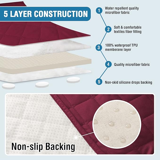 H.VERSAILTEX Couch Cover for Dogs Washable 100% Waterproof Sofa Cushion Cover Dog Bed Cover Non-Slip Pet Blanket for Sofa Cushion Protector, 35" x 62", Burgundy