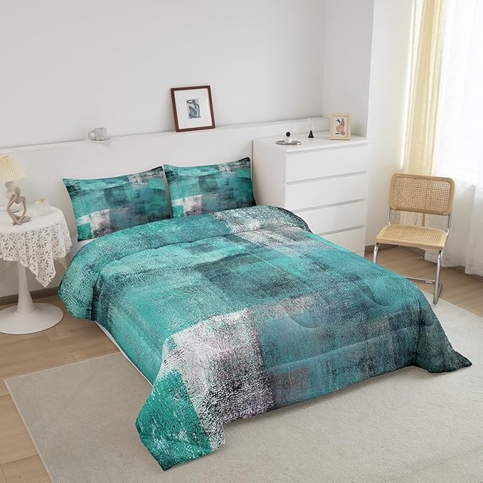 Erosebridal Teal Comforter Set for Kids Boys Girls,Mid Century Bedding Set Full,Oil Painting Bedding Comforter Sets,Watercolor Ombre Abstract Art Duvet Insert with 2 Pillowcases Bedroom Decor