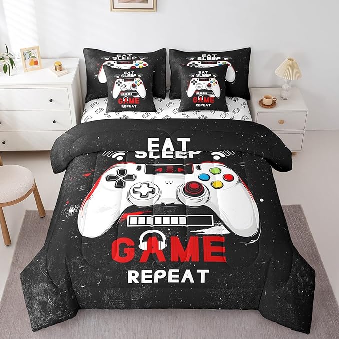jejeloiu Eat Sleep Game 7 Piece Bedding Set King Size Cartoon Gamer Comforter Set with Sheets for Kids Boys Girls Modern Game Bed in a Bag Black Red Bed Set