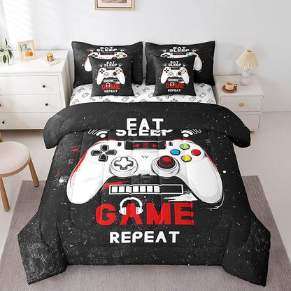 jejeloiu Eat Sleep Game 7 Piece Bedding Set King Size Cartoon Gamer Comforter Set with Sheets for Kids Boys Girls Modern Game Bed in a Bag Black Red Bed Set