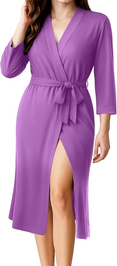 NY Threads Women's Robe Long Knit Bathrobe 3/4 Sleeves Soft Kimono Lightweight Loungewear