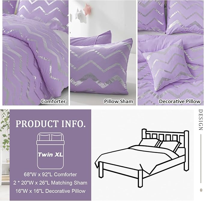 Menghomeus Purple/Silver Comforter Set Twin XL Lavender Metallic Print Glitter Bed Comforter Cute Shinny Bedding for Teen Girls Kids Women