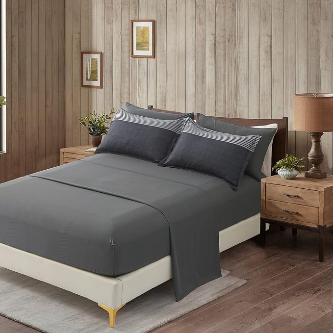 7 Pieces Black Grey Striped Comforter King Size - Lightweight Bed in a Bag Bedding Comforters Set, All Season Microfiber Complete Bedding Set with Flat/Fitted Sheet, Pillowcases and Pillow Shams
