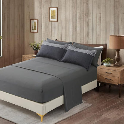 7 Pieces Black Grey Striped Comforter King Size - Lightweight Bed in a Bag Bedding Comforters Set, All Season Microfiber Complete Bedding Set with Flat/Fitted Sheet, Pillowcases and Pillow Shams