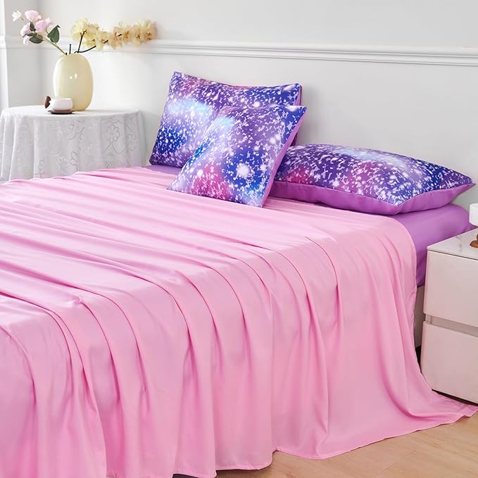 PERFEMET Girls Bed in A Bag Queen Size Colorful Rainbow Queen Comforter Set with Sheets Tie Dye Fluffy Bedding Set for Teen Girl Women 3D Glitter Ombre Bed Sets (Purple Pink, Queen)