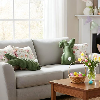 2 Pcs Easter Bunny Shaped Pillow Cute Decorative Rabbit Throw Pillow Bunny Stuffed Soft Corduroy Striped Textured Cushion Case for Spring Easter Party Couch Sofa Home Decor, Olive Green