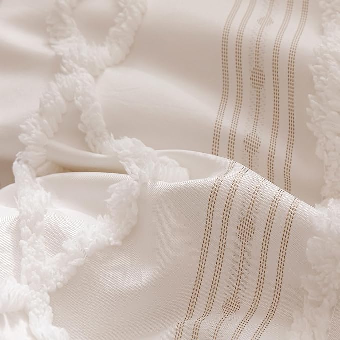 CLOTHKNOW Ivory Bohemian Full Size Comforter Sets Farmhouse Bedding Comforter Sets Soft Clipped Jacquard Stripes Comforter with 2 x Pillow Cases