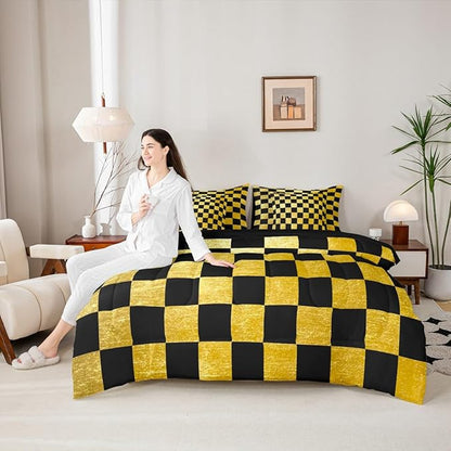 Checkered Retro Comforter Set with Sheets 7 Piece Full Size Golden Black Plaid Bed in a Bag Kids Boys Girls Geometric Vintage Bedding Set Modern Simple Groovy Aesthetic Bedroom Decor Breathable Soft