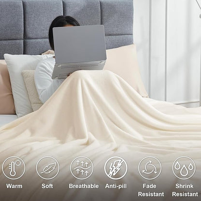Hansleep Fleece King Size Blanket for Bed Beige, Super Soft Flannel Fuzzy Plush Cozy Blanket for All Seasons, Beige, King 90x108 Inches