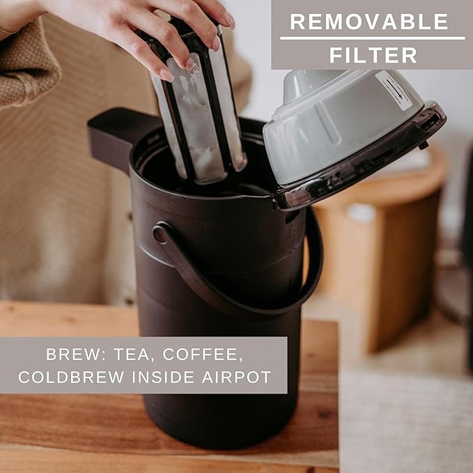 Hastings Collective Airpot Coffee Dispenser with Pump 2.5 Liter - Insulated Stainless Steel Thermal Coffee Carafe 12 Hour Hot/24 Hour Cold - Hot Beverage Dispenser for Water Coffee Tea (Black)