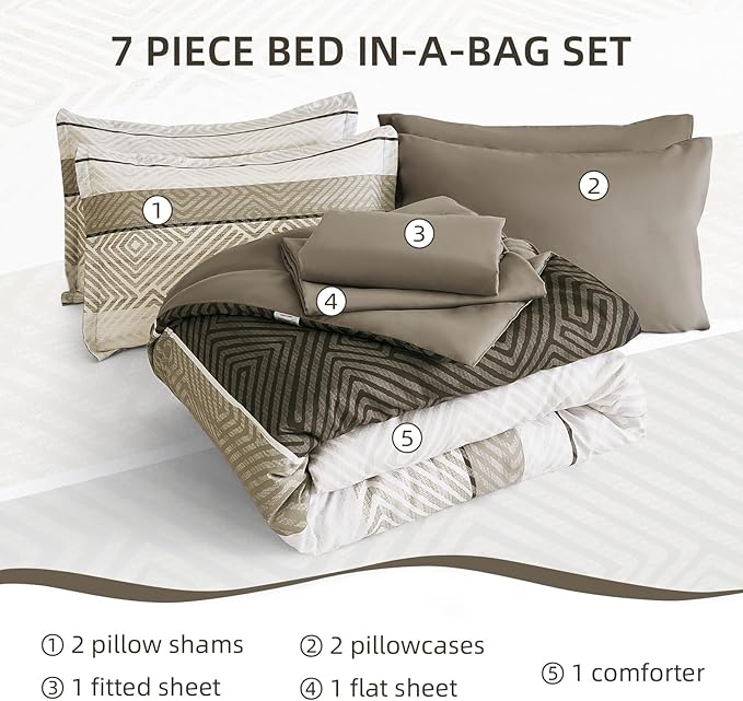 Drucon Brown Comforter Set Full Size 7 Piece Bed in a Bag, Boho Striped Bedding Set, Soft Microfiber Comforter and Sheet Set for All Season