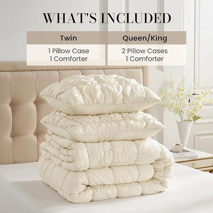 Amélie Home Queen Comforter Set, 3 Pieces Beige Bubble Bedding Set for All Season, Ultra Soft Cozy Comforter, Farmhouse Luxury Gift for Women Home Decor