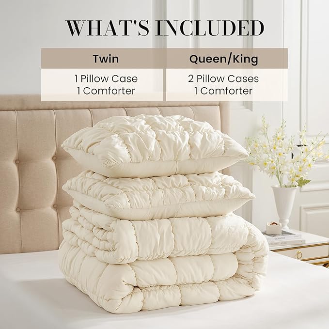 Amélie Home Twin Comforter Set, 2 Pieces Beige Bubble Bedding Set for All Season, Ultra Soft Cozy Comforter, Farmhouse Luxury Gift for Women Home Decor