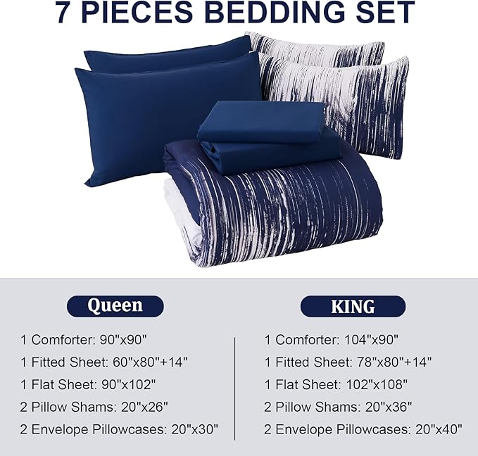 Dinjoy Ombre Blue Comforter Set King Size Gradient Navy Blue White Boho Bedding Set for Teen Men Women 7 Pieces Bed in A Bag Bohemian Bed Set with Comforter, Sheets, Pillowcases & Shams