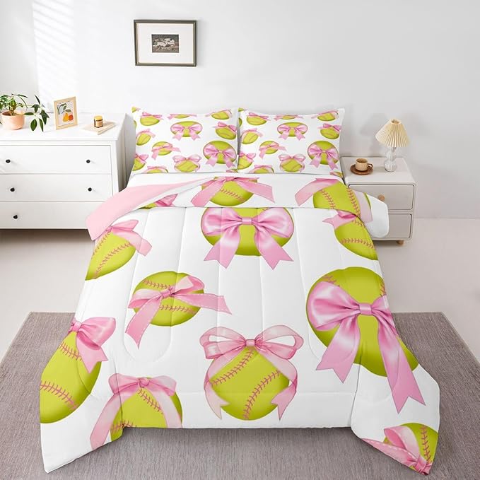Cute Softball Comforter Set King Size,Pink Bowknot Print Bedding Sets 3Pcs for Kids Girls Boys Women Room Decor,Ball Sports Gaming Duvet Insert Softball Player Down Comforter,2 Pillowcases