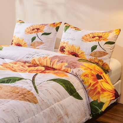 Sunflower Comforter Sets,Seamless Pattern with Hand Drawn Vibrant Yellow Watercolor Sunflowers on The Background,Decorative Bedding Comforter Sets with 2 Pillow Shams, Twin Size
