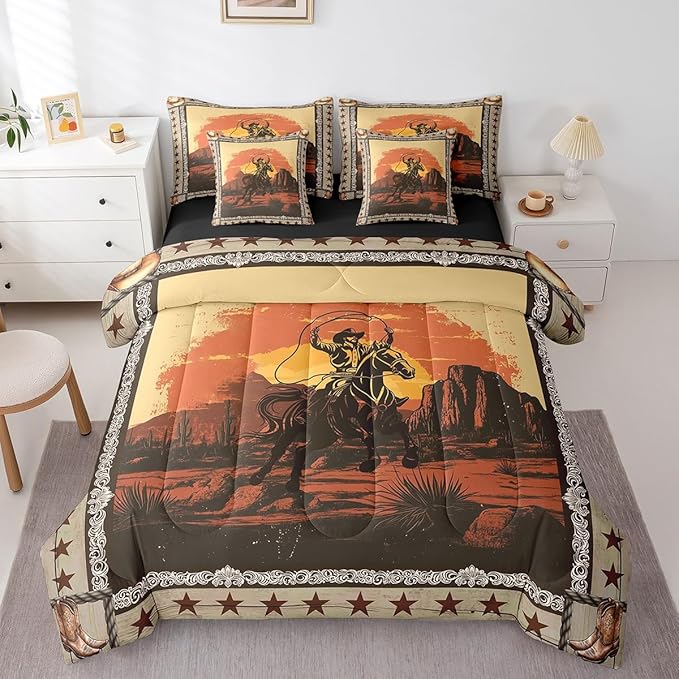 Feelyou Western Decor Comforter Set with Sheets Full Size Kids West Cowboy Horse 7 Pieces Bedding Set for Boys Girls Teens Rodeo Cowboy Style Bed in a Bag Breathable Grunge Design Bed Set Star Sunset