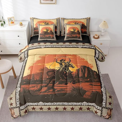 Feelyou Western Decor Comforter Set with Sheets Twin Size Kids West Cowboy Horse 7 Pieces Bedding Set for Boys Girls Teens Rodeo Cowboy Style Bed in a Bag Breathable Grunge Design Bed Set Star Sunset