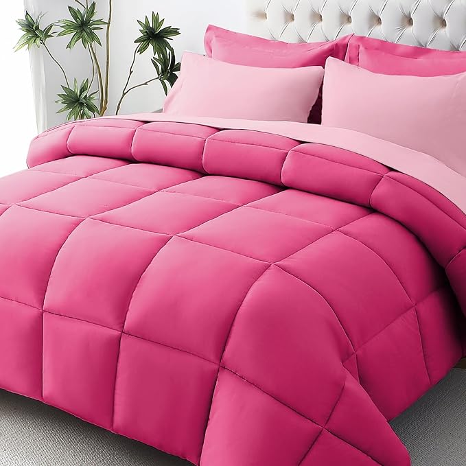 JOLLYVOGUE Twin Comforter Set, Ultra-Soft Bed in a Bag Twin Size 5 Pieces, Oeko-TEX Certified Bedding Set with Down Alternative Comforter, Sheets, Pillowcases & Shams, Hot Pink & Baby Pink