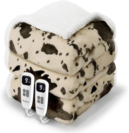 Cow Print Electric Heated Blanket Queen-Dual Control Heating Blanket Queen Size with 10 Heat Levels & 10 Hours Auto-Off, Cozy Soft Fleece Sherpa, Washable, 84x90 Inche Cow Print Light Brown