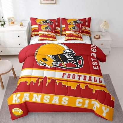Erosebridal Football 7 Pcs Comforter Set King Football Fans Bedding for Kids Footballs City Sheet Set Bed in A Bag Red Yellow Rugby Competition Room Decor Sports Ball Game Bed Set
