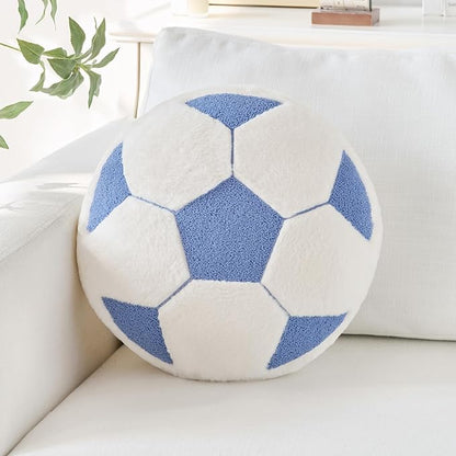 Soccer Pillow,12" Soccer Shaped Pillow Floor Cushion Seating Cushion with Faux Rabbit Fur,Round Soccer Throw Pillow Room Décor for Sofa Couch Living Room (Dusty Blue)