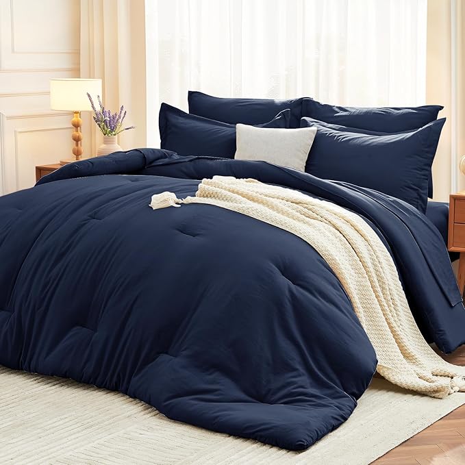 MUXHOMO 5 Pieces Twin Comforter Set, Soft Bed in a Bag Twin Size, All Season Bedding Set with Comforter, Flat Sheet, Fitted Sheet, Pillowcases & Shams, Navy Blue